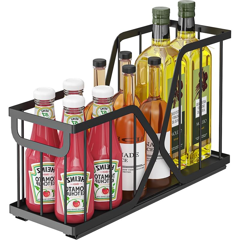 Pull-Out Cabinet Organizer, Carbon Steel Sliding Storage Basket Shelf - No-Drill Tool-Free Install - For Narrow Cabinets & Under Basin -Cutting Boards, Baking Sheets, Spice Jars, Trays - 2 Pack, Black