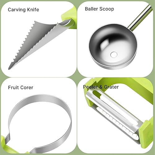 Miniatura 3 de Juego de cuchara de melón 5 en 1, cortador de melón de acero inoxidable y herramientas de tallado para frutas, eliminación de semillas, separador de