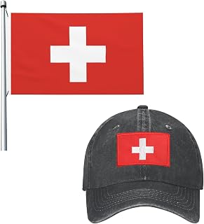 Double Sided Switzerland Flag 3x5 FT Outdoor with Embroidered Flag Hat Baseball Caps Swiss National Flags for Man Woman Adults