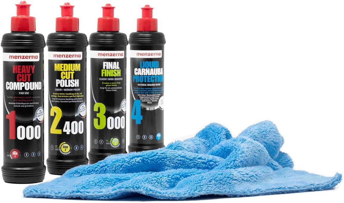 Car Polish Set - Menzerna Car Polish Super Heavy Cut Compound HC1000 + Medium Cut 2400 + Final Finish SF3000 + Liquid Carnauba Protection - 250ml + Fluffy Microfiber Polishing Cloth