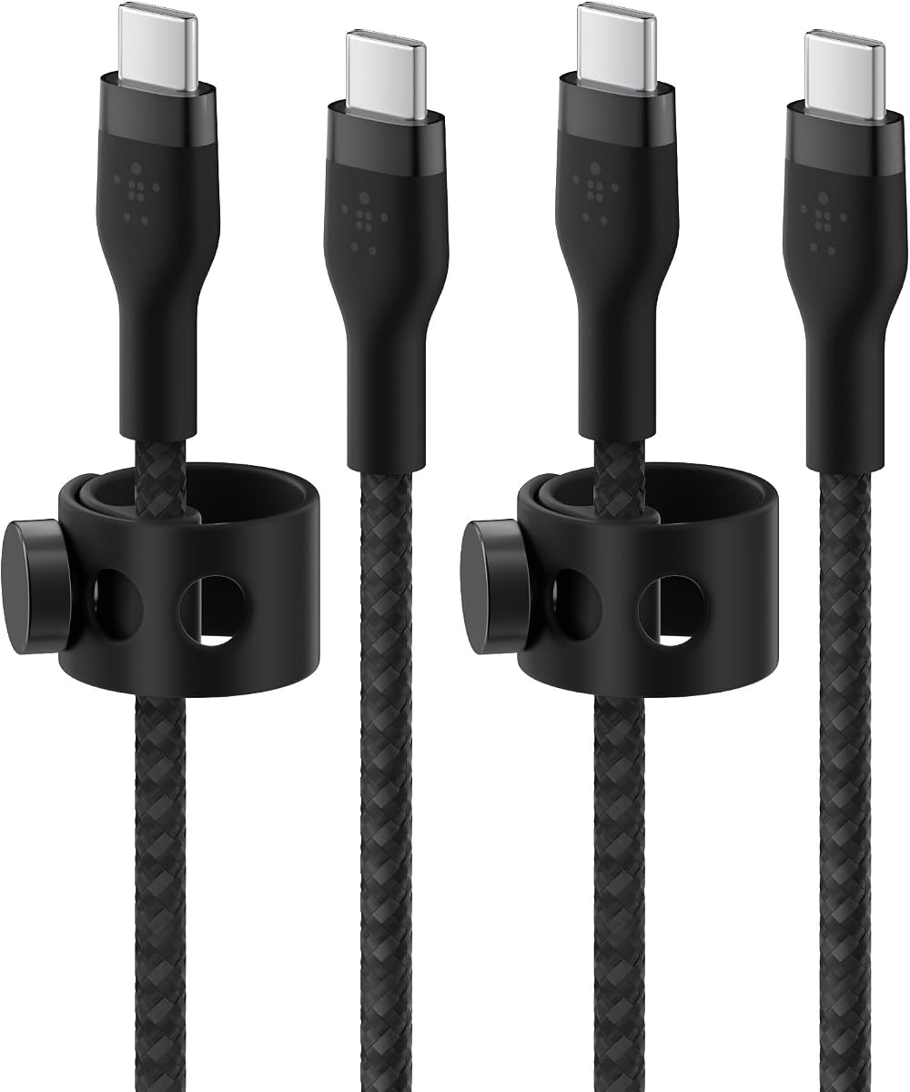 Belkin Cable trenzado USB C a USB C, paquete de 2, cable cargador rápido para iPhone de 6.6 pies | cable trenzado sin enredos, iPhone 17/16, Samsung Galaxy S25, Pixel 9, MacBook, iPad Pro, Nintendo Switch 2, esencial para viajar