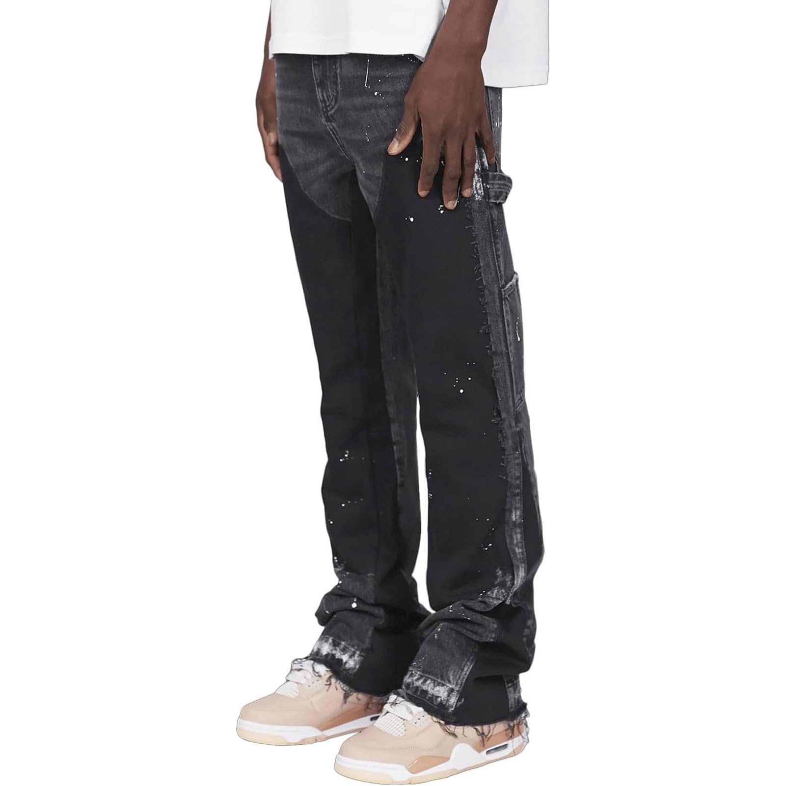 Flared Jeans Uomo, Pantaloni in Denim Streetwear Y2K con Disegno a Spruzzo d'inchiostro, Patchwork e Tasche, Pantaloni per Il Tempo Libero Bootcut Baggy in Stile Cowboy Hip Hop(Grey,M)