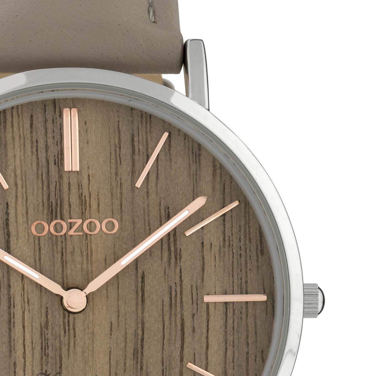 Flache Oozoo Vintage Damenuhr mit Holz Zifferblatt und Lederband in 40 MM (Braun/Taupe)