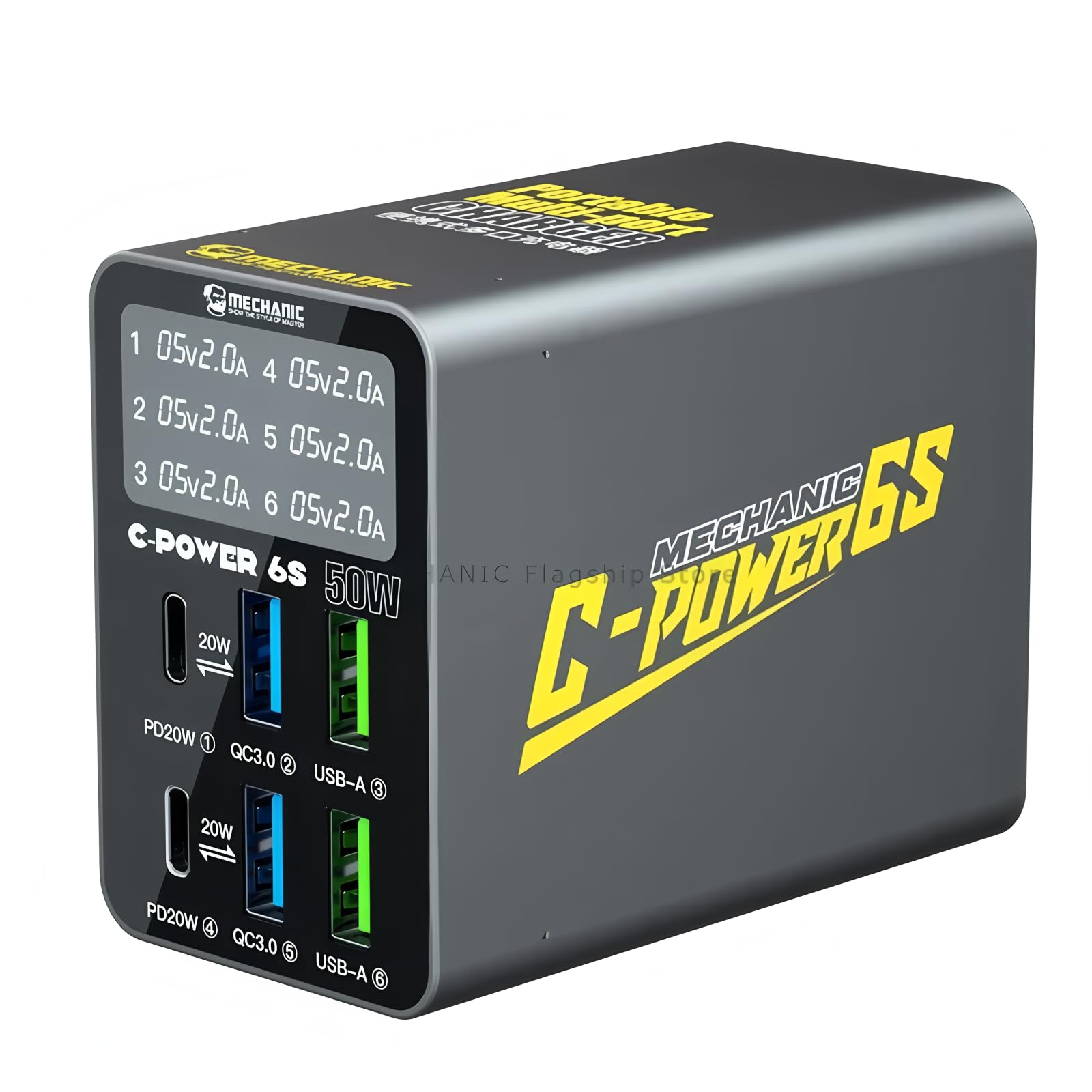Cargador Mechanic 6S de 6 puertos USB con pantalla digital y carga rapida QC3.0