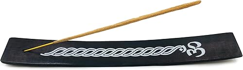 Soporte para incienso con símbolo Om Bandeja de madera negra con diseño de Om pintado blanco para varillas de incienso, accesorios de meditación,