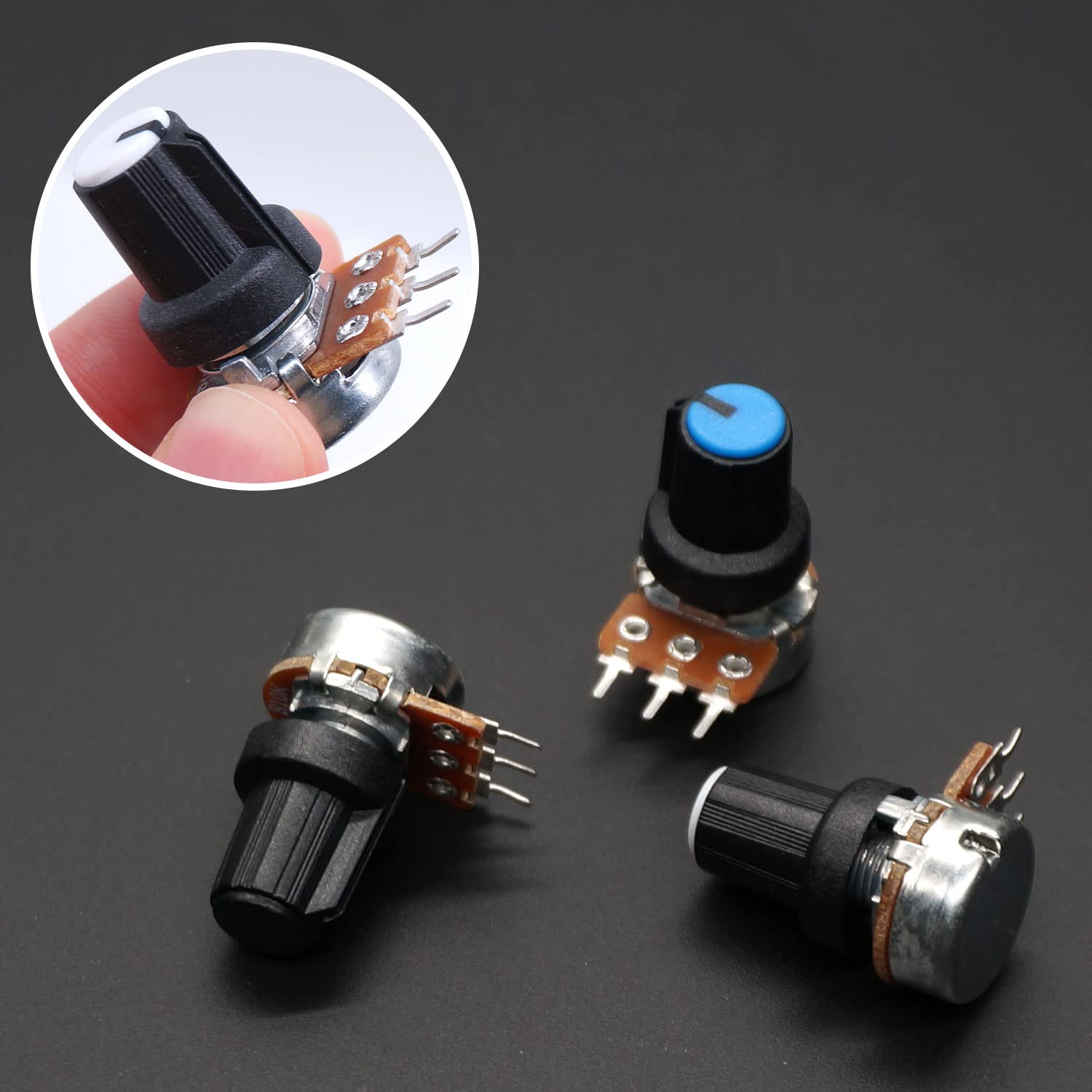 Taiss 100pcs potentiomètre Kit b1k b5k 10K 20k 50k 100k 250k 500k 1m ohm dreh type B potentiomètre linéaire avec écrou, rondelle et 3 couleurs différentes boutons en alliage d'aluminium F048