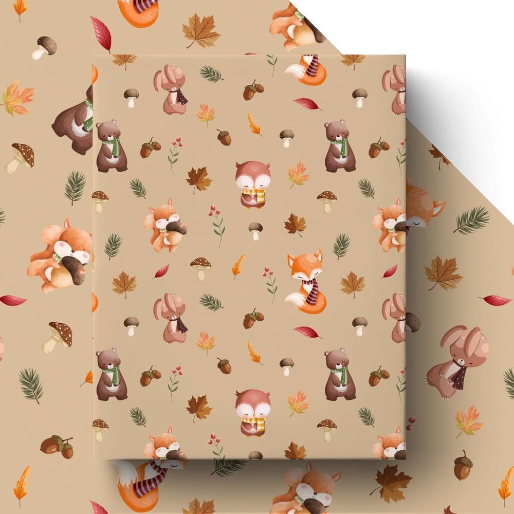 GleeWrap Autumn Animal Wrapping Paper for Kids - 50 x 70 cm Fall Woodland Forest Animal Themed Gift Wrap for Birthday,Baby Shower, Party Decor, Thanksgiving,4 Sheets