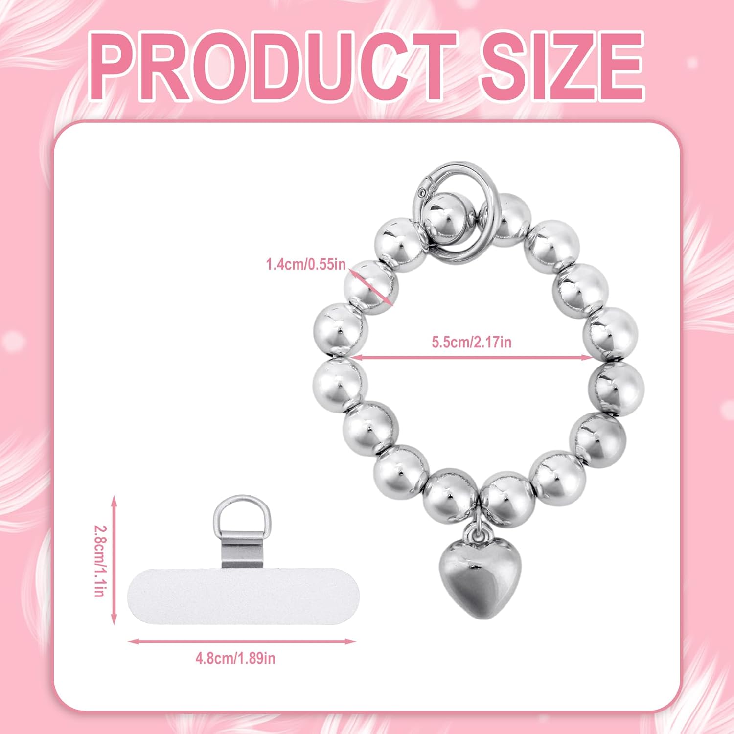 Beaded Phone Wrist Strap, Fashion Silver Beads with Heart Charm Mobile Phone Chain Bracelet Anti-Drop Detachable Cellphone Lanyard Wristband with Metal Tether Tab for Women - Image 2