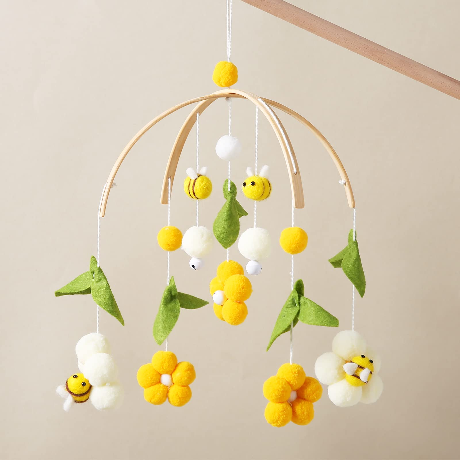 let's make Giostrina in legno con palline, fiori + foglie verdi + api scacciapensieri, mobile per ragazzi e ragazze, decorazione per la casa fresca regalo (ape)