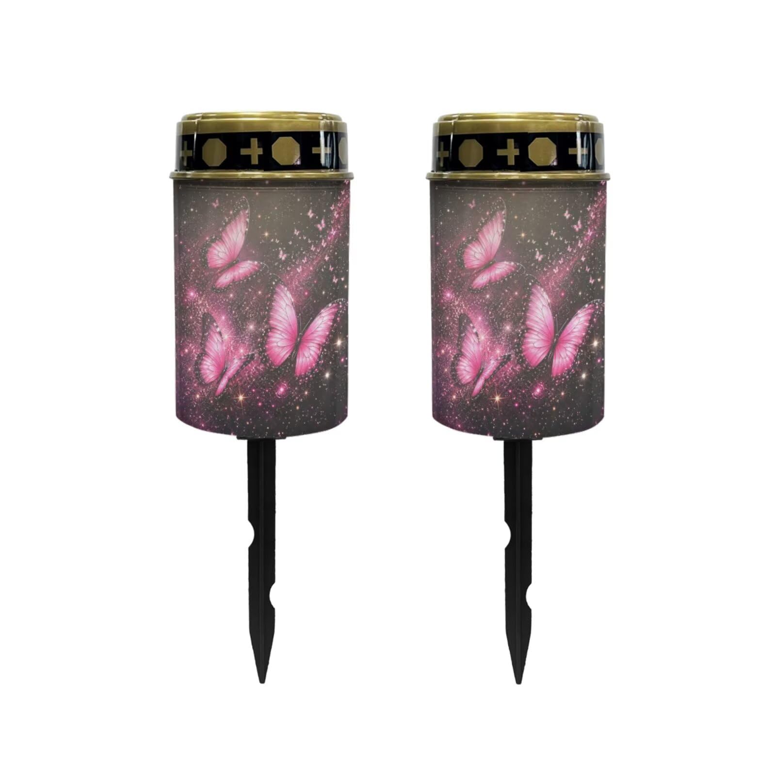 Poceacles Solar Lights Outdoor Waterproof Cemetery Candles Solar Powered Grave Outdoor Decorative Walkway Lights for Lawn Garden Pathway Decor, Pink Butterfly Galaxy, 2 Pcs