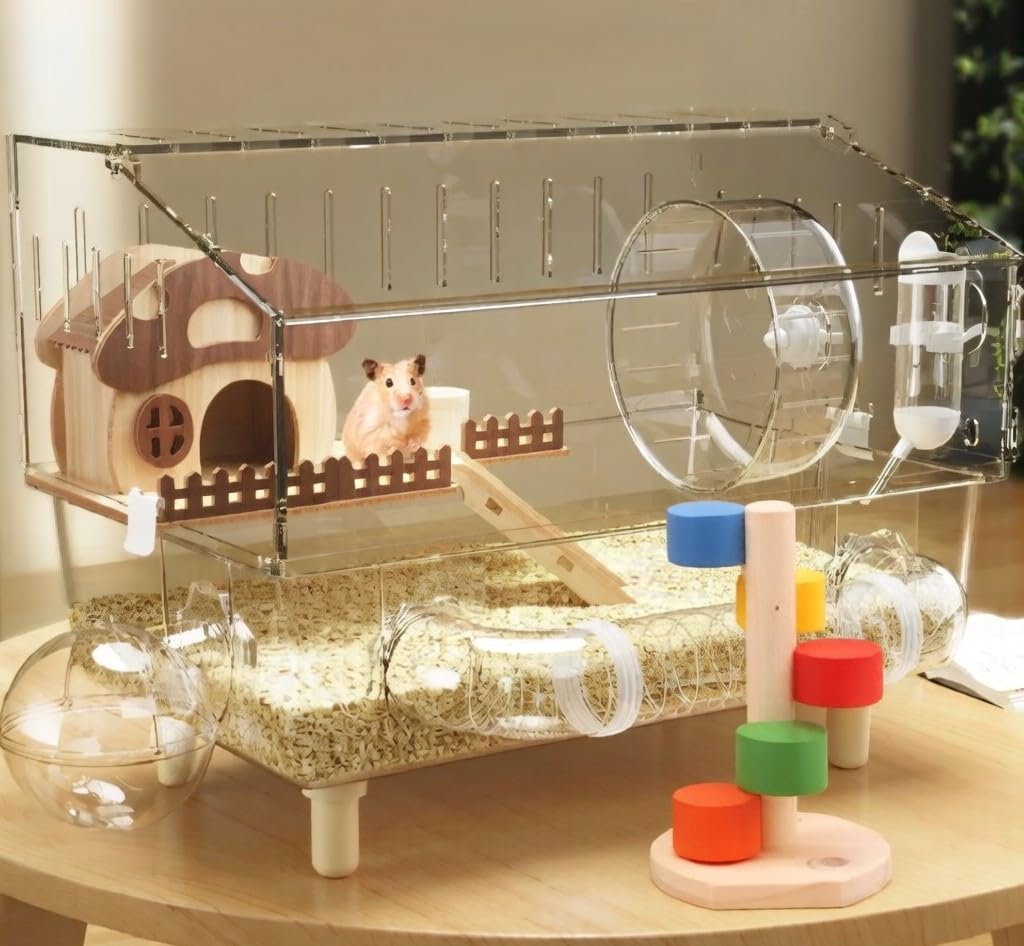 Clear Acrylic Hamster Cage with Exercise Wheel, Wooden House, and Accessories