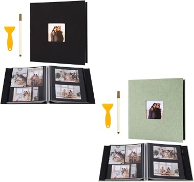 Self Adhesive Photo Album Black Pages Scrapbook Magnetic Photo Albums for 4x6 5x7 8x10 Pictures Books with Sticky Pages with A Metallic Pen for Baby Family Wedding 11x10.6 Black & Grass Green 40 Pages