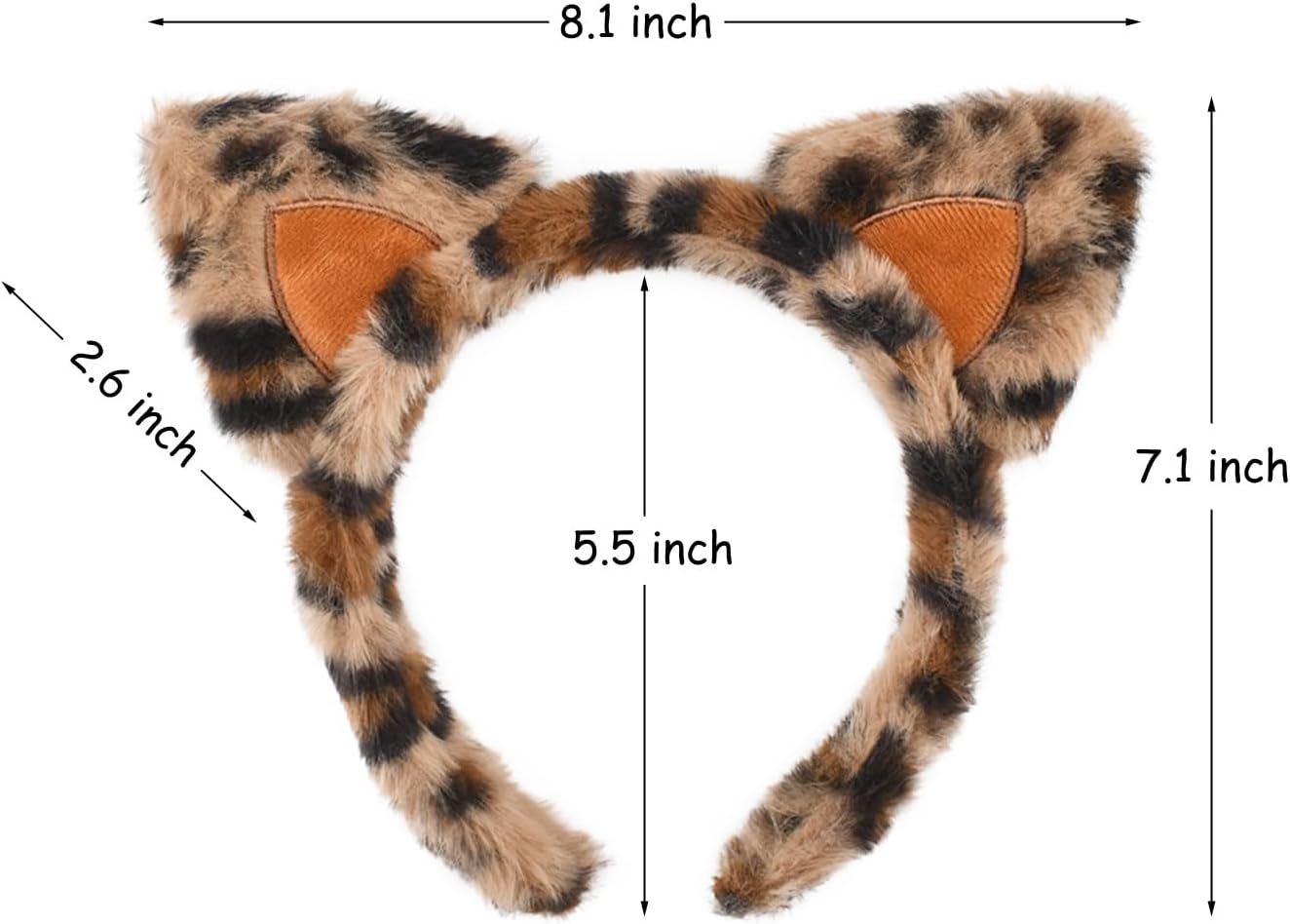 Plush Leopard Print Cat Ears Headband, Brown and Black Animal Pattern, Faux Fur with Orange Inner Ear Detail, Party Costume Accessories, 6 Pack