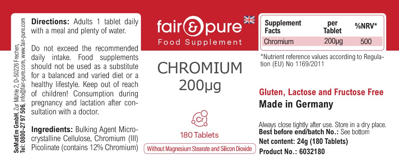 Tabletki chromu Fair & Pure 200 μg, 180 tabletek, wegański suplement diety bez dodatków, wyprodukowano w Niemczech