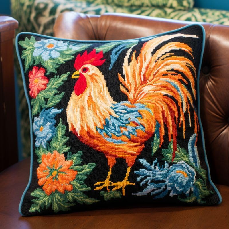 Latch Hook Kits Pillow Cover for Beginner Animals, Chickens Color Printed Canvas Yarn Crocheting Carpet Cushion Embroidery Hook and Latch Pillowcase Sofa Decoration 43x43cm 4