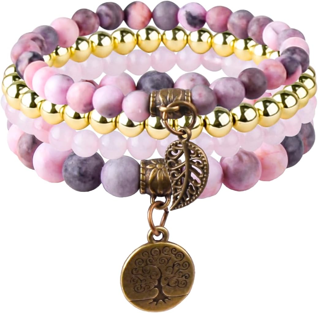Natural Semi Precious Gemstone beads bracelet for women Energy Reiki Healing Crystal Stretch Stackable Bracelets with Yoga Charms 4in1 set