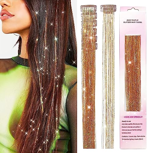 Image of MAYCREATE 6pcs Hair Tinsel Extensions, Brown Glitter Tinsel Strands, 20.5 inch Clip-on Shiny Tinsel Hair Extension, Heat Resistant Fairy Hair Glitter Kit for Women Girls Halloween Cosplay Party