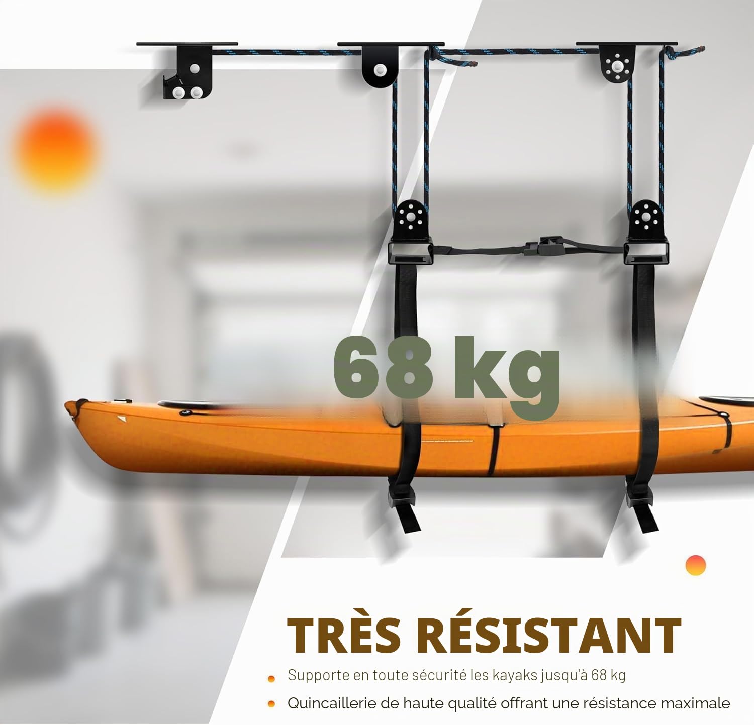 Hikeen Système de Stockage Kayak Plafond: Système de Poulie de Levage pour Kayak Palan Manuel pour Rangement de Kayak avec Capacité de 68KG, Rangement Plafond Garage comme Support Velo Plafond