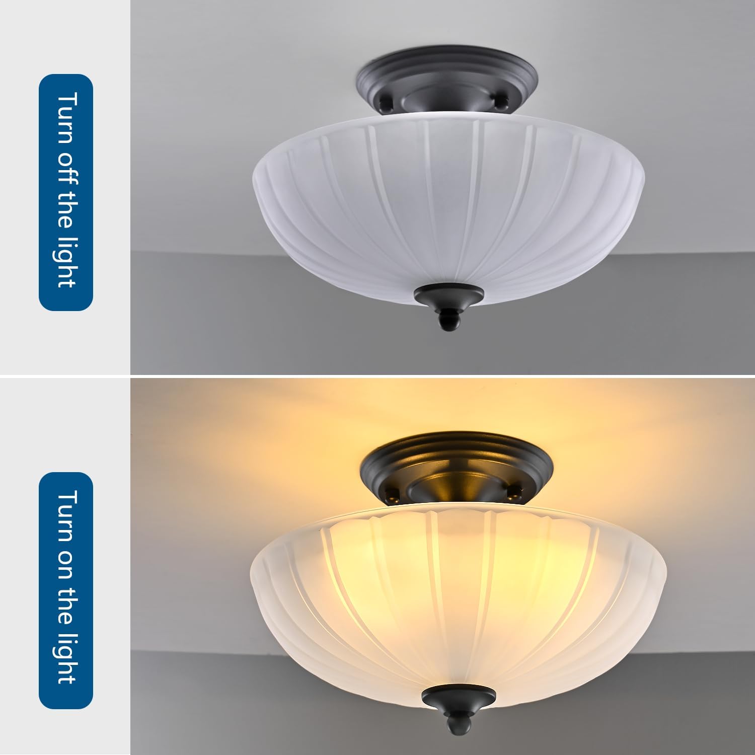 Dalouguan Semi Flush Mount Ceiling Light, 3-Light Kitchen Ceiling Lighting Fixtures with Frosted Glass Lampshade, Black Modern Chandelier for Living Room Bedroom Hallway