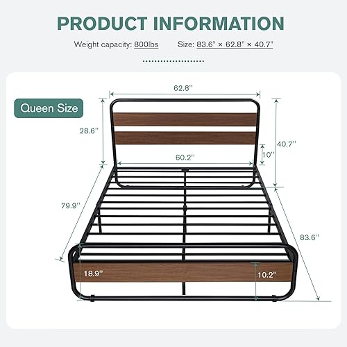 Miniatura 2 de MUTICOR Base de cama de metal tamaño Queen con cabecero y estribo de madera redondoscurvos, marco de cama de plataforma con almacenamiento debajo de