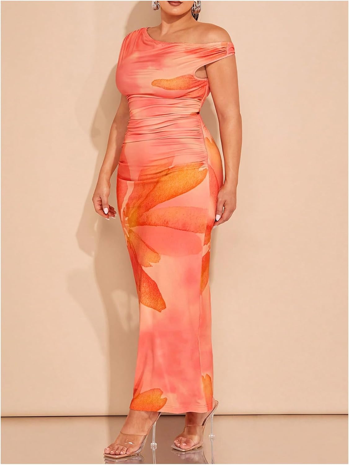 WDIRARA Women's Plus Size Tie Dye Floral Print One Shoulder Sleeveless Ruched Bodycon Maxi Dress - Image 2