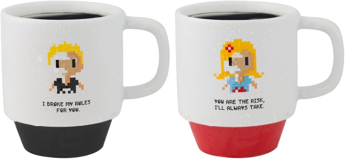 18 oz Lover Stackable Mug Set with Canton Characters and Red Heart Pixel Pattern,Unique Gift Package