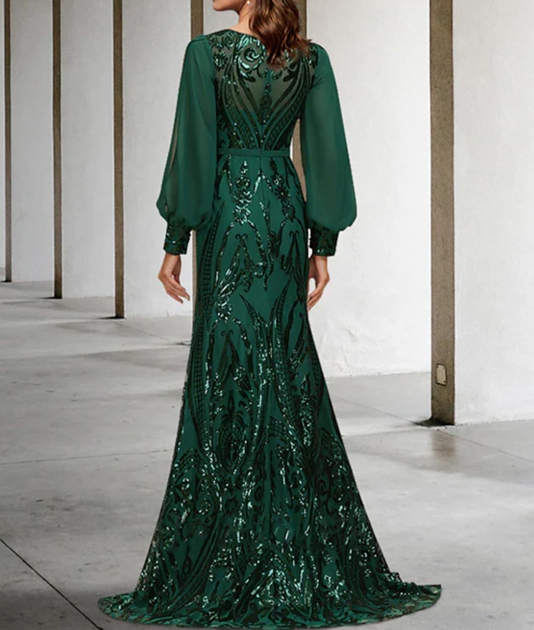 MYDRESS Sequin Mother of The Bride Dress for Wedding Long Sleeve Mermaid Formal Prom Dress