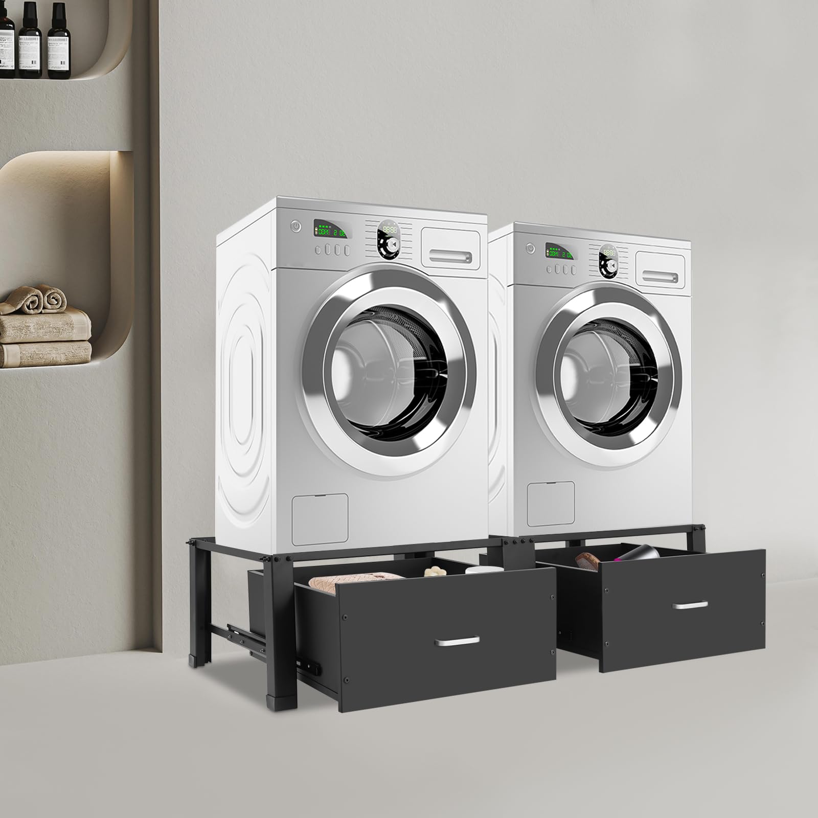 Doppio telaio per lavatrice con 2 cassetti, doppio supporto per lavatrice e asciugatrice, capacità di carico base 200 kg, colore nero