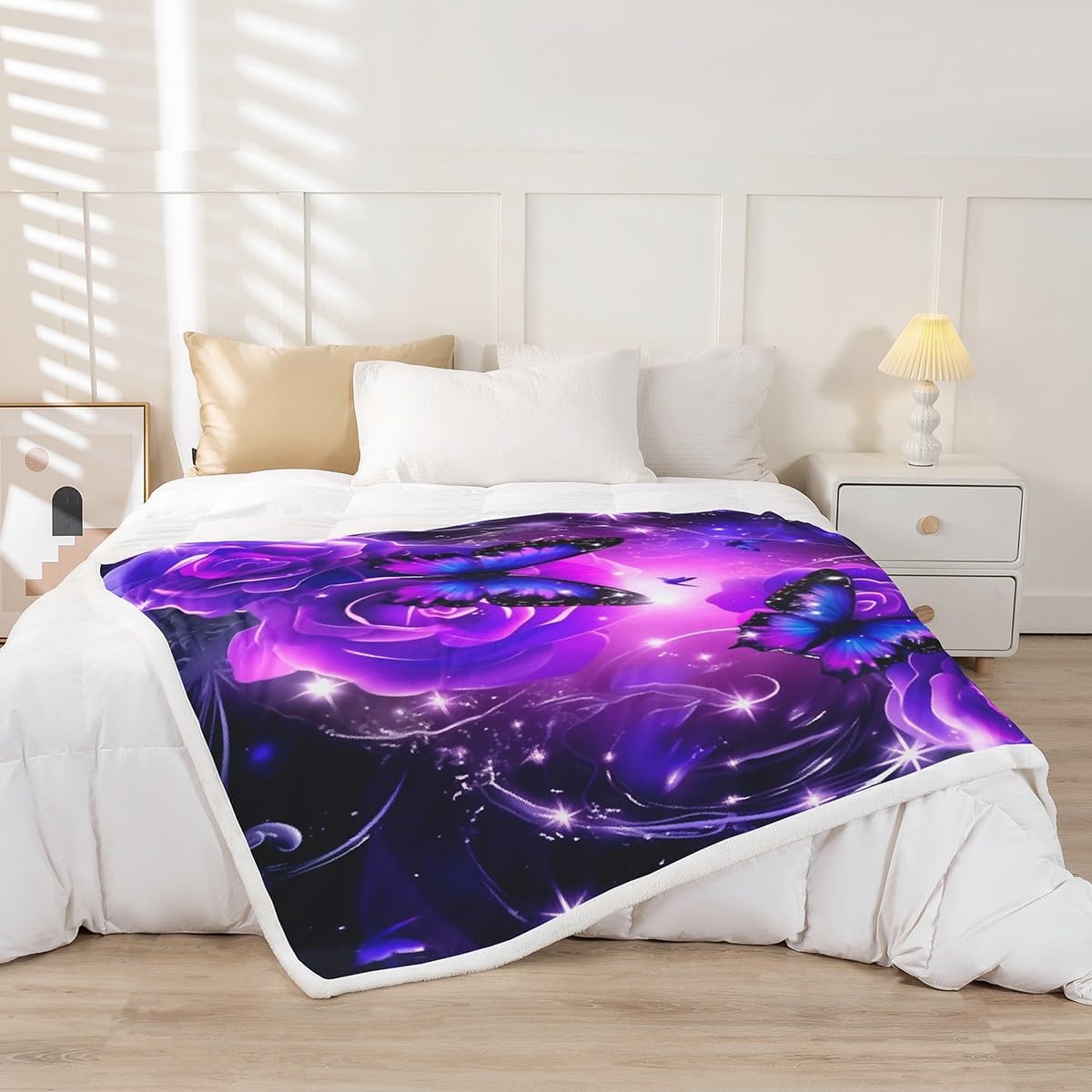 jejeloiu Butterfly Fleece Throw Blanket Queen 90"x90" Butterflies Rose Sherpa Blanket Purple Floral Plush Blanket Fuzzy Blanket Flower Flannal Blanket