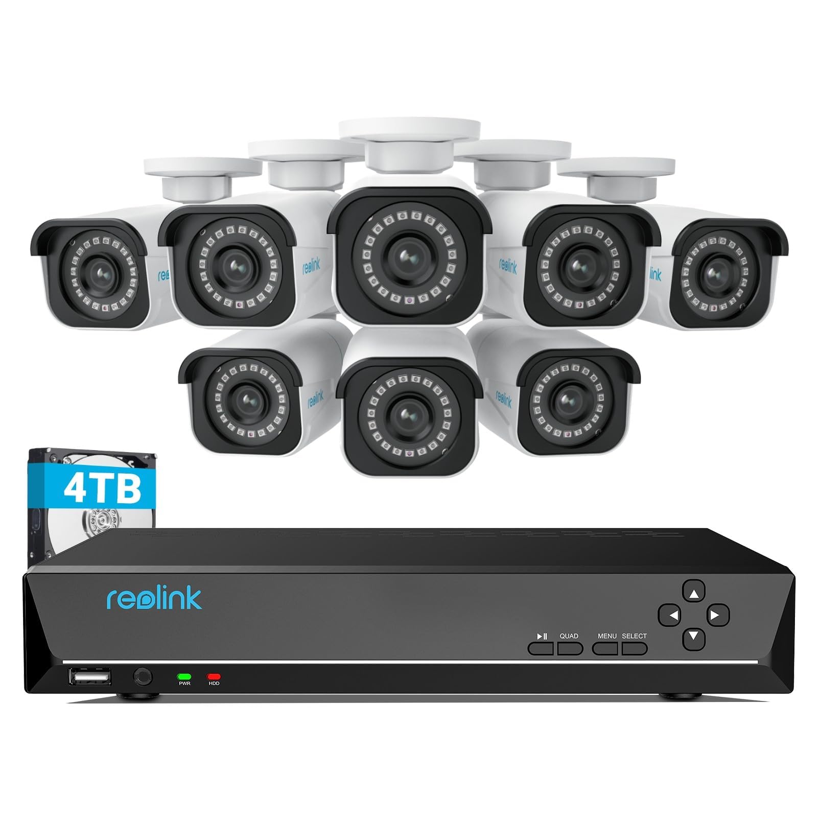 REOLINK4K Security Camera System, RLK16-800B8 8pcs H.265 PoE Wired with Person Vehicle Detection, 8MP/4K 16CH NVR with 4TB HDD for 24-7 Recording