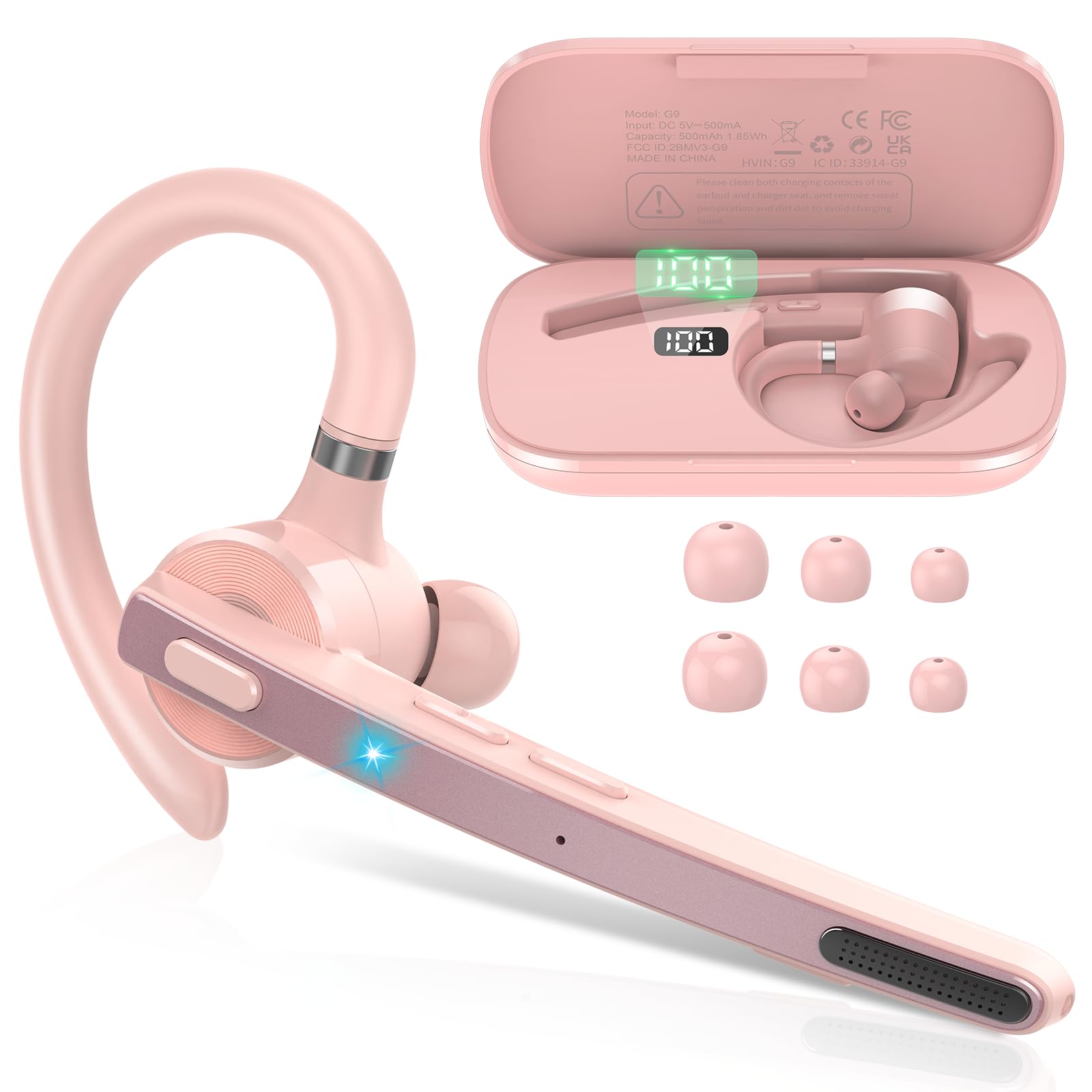 Bluetooth Headset V5.3, Wireless Freisprech Telefon mit CVC 8.0/ENC Dual Mic, APTX, Mute Zwei-Geräte-Verbindung Headset Handy, 90 Std Spielzeit Bluetooth Ohrhörer mit Ladebox für Geschäft/Trucker Rose