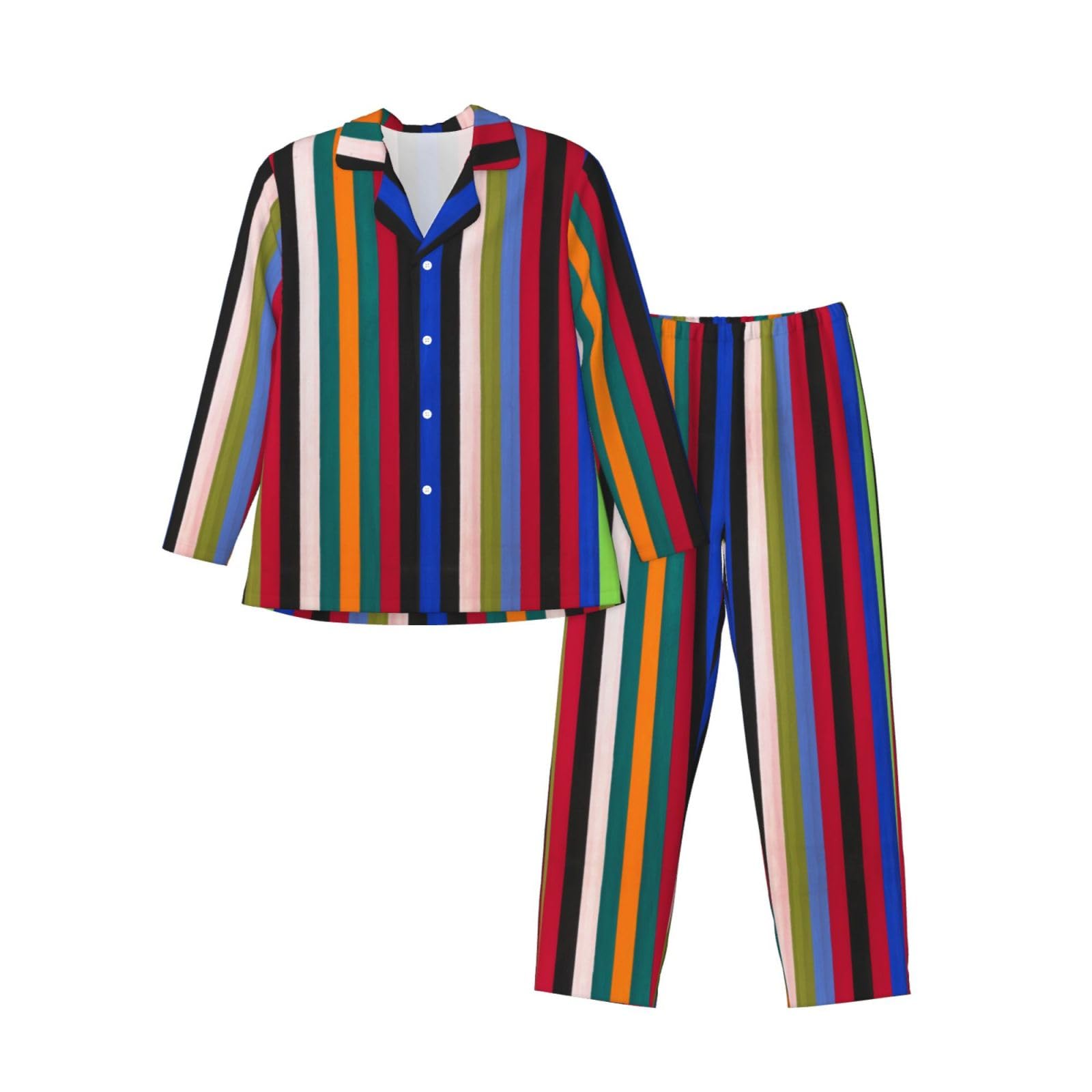 Aseelo Men's Colored Stripes Vertical Long-Sleeved Pajama Set Long Sleeve Top And Bottoms Pyjamas Comfortable And Breathable Nightwear Pjs L