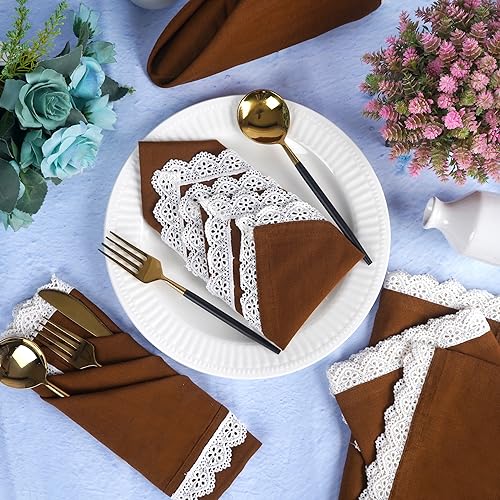 Image of FINGERCRAFT Cloth Napkins, Cotton Table Napkins with White Lace Edge, Reusable Washable Dinner Napkins for Wedding, Festive Dining, Parties & Home Decor (6, Brown Premium Lace, 20 inchx20 inch)