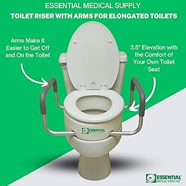 Essential Medical Supply Raised Elevated Toilet Seat Riser for an Elongated Toilet with Padded Aluminum Arms for Support and Compatible with Existing Seat, Elongated, 19 x 14 x 3.5