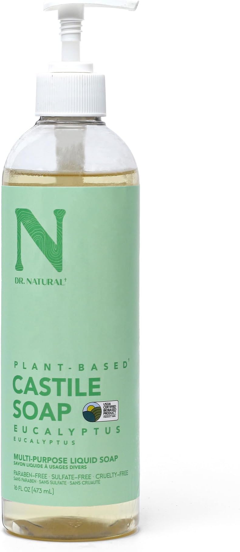 Dr. Natural Eucalyptus Multi-Purpose Castile Soap 473 ml. 100% Natural. Made from Natural Plants and Oils. Hypoallergenic and Ultra-moisturizing suitable for all skin types and for the whole family.