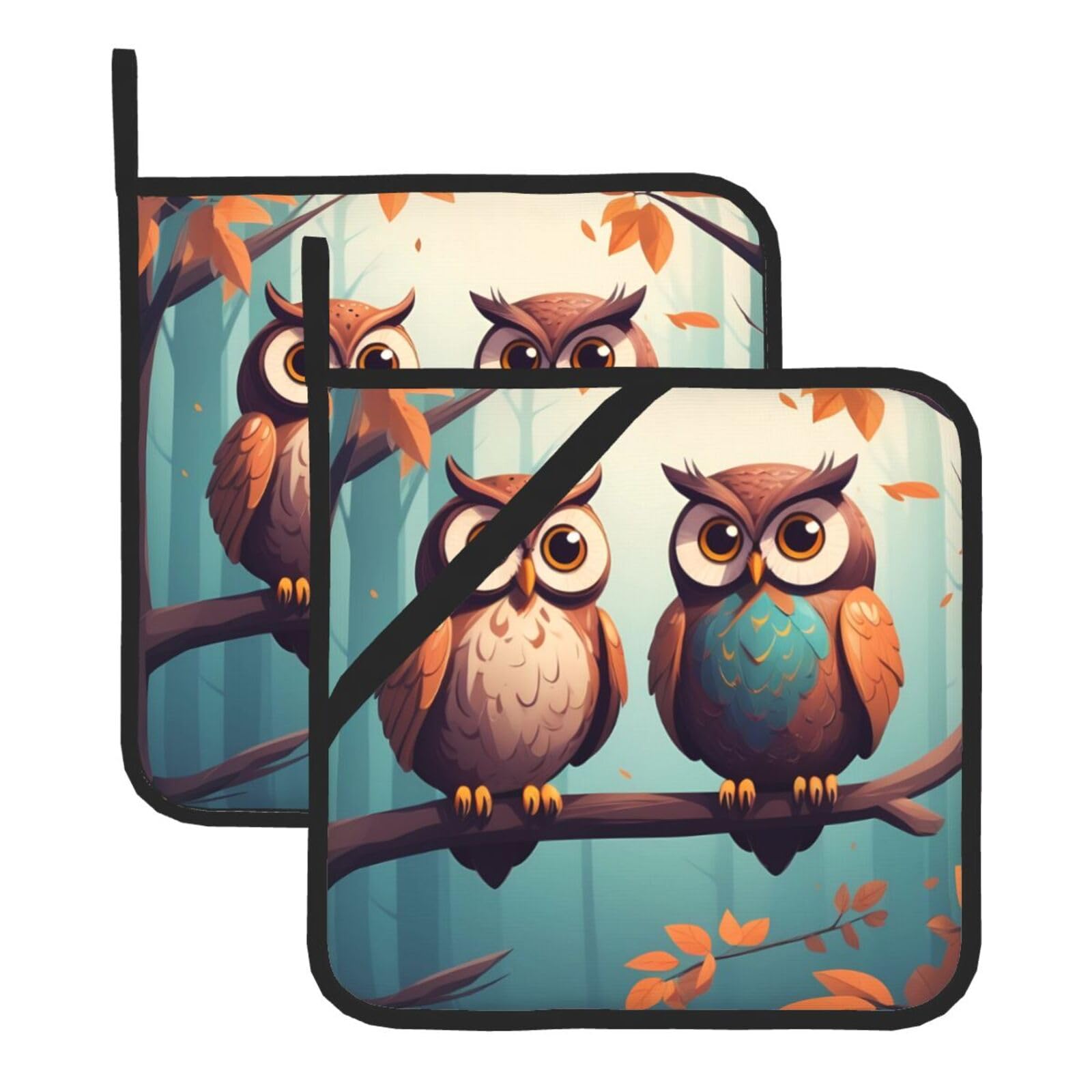 HJFCZH Owls On A Branch Printed Square Insulated Pot Mat Set (2-Piece) 8x8in Waterproof, Thickened & Easy to Clean with Lanyard Design for Kitchen, Oven & BBQ