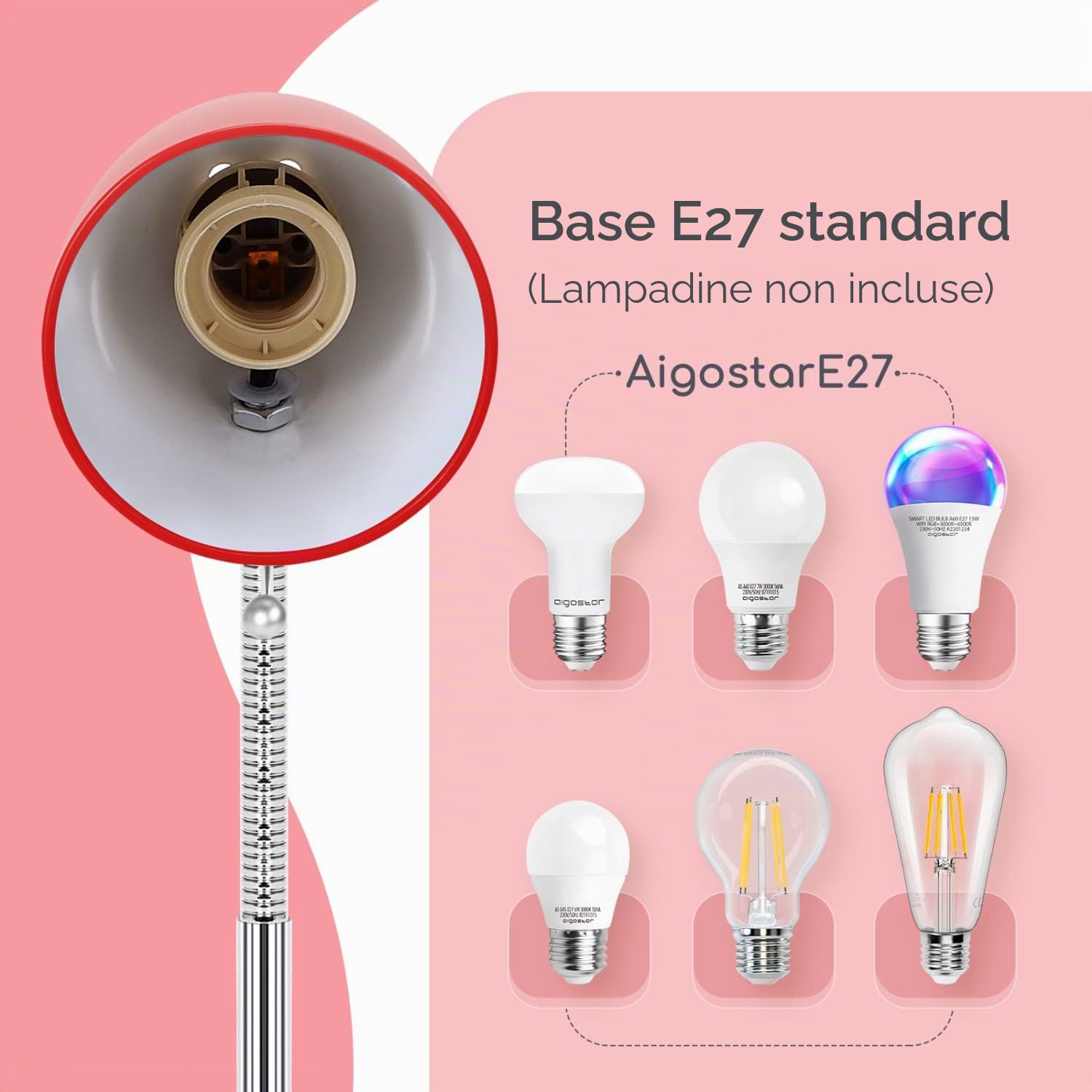 Aigostar Lampada da Tavolo Vintage E27， Lampada da Scrivania Metallo， Lampada da Comodino con Spina， Cavo da 153 cm， Braccio Regolabile， Rosso (Lampadina non Inclusa)
