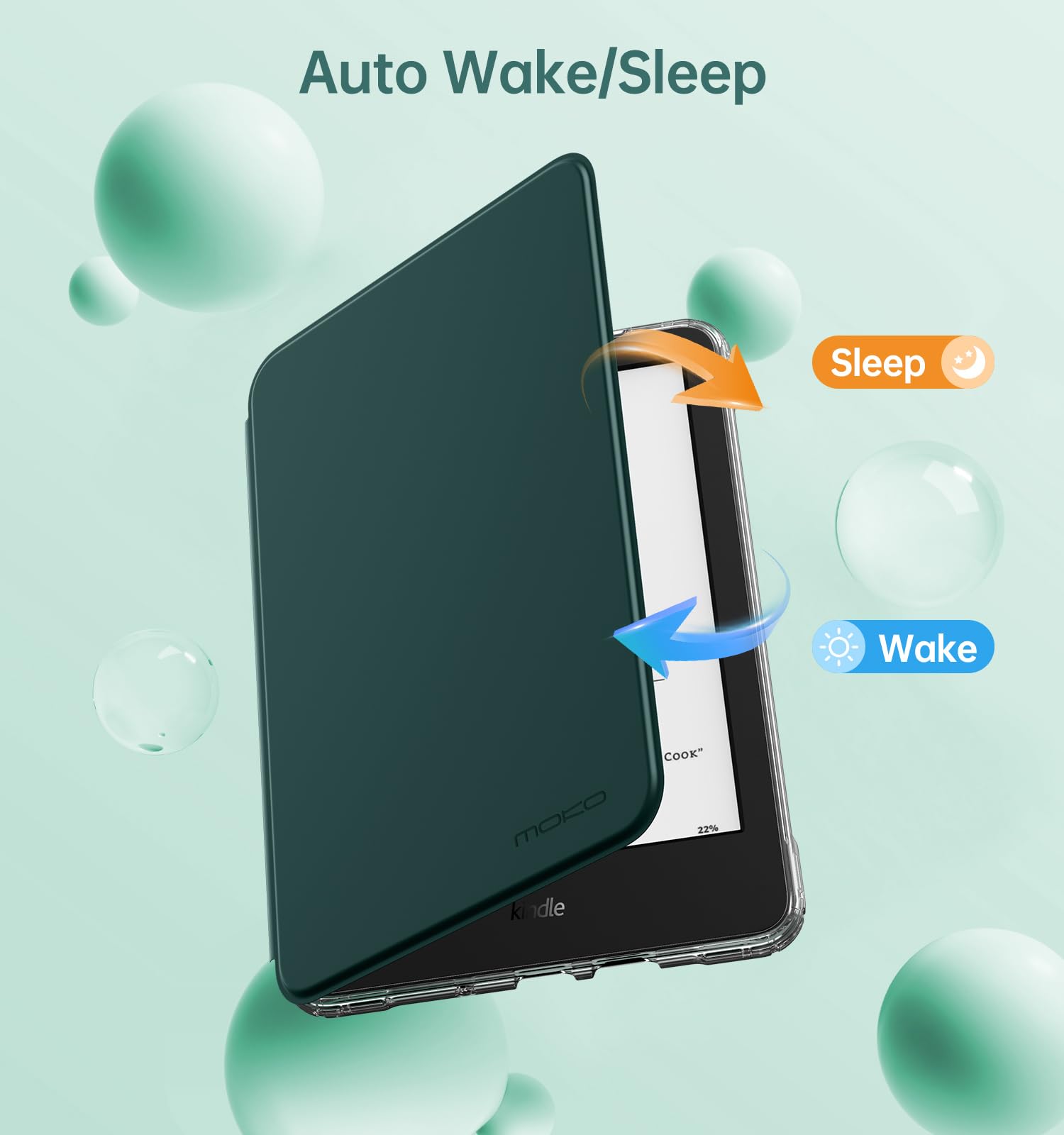 MoKo 360° Rotating Case for 6" All-New Kindle (11th Generation-2024/2022 Release), Clear Back Detachable Magnetic Protective Adjustable Stand Cover with Auto Wake/Sleep, Midnight Green — view 7