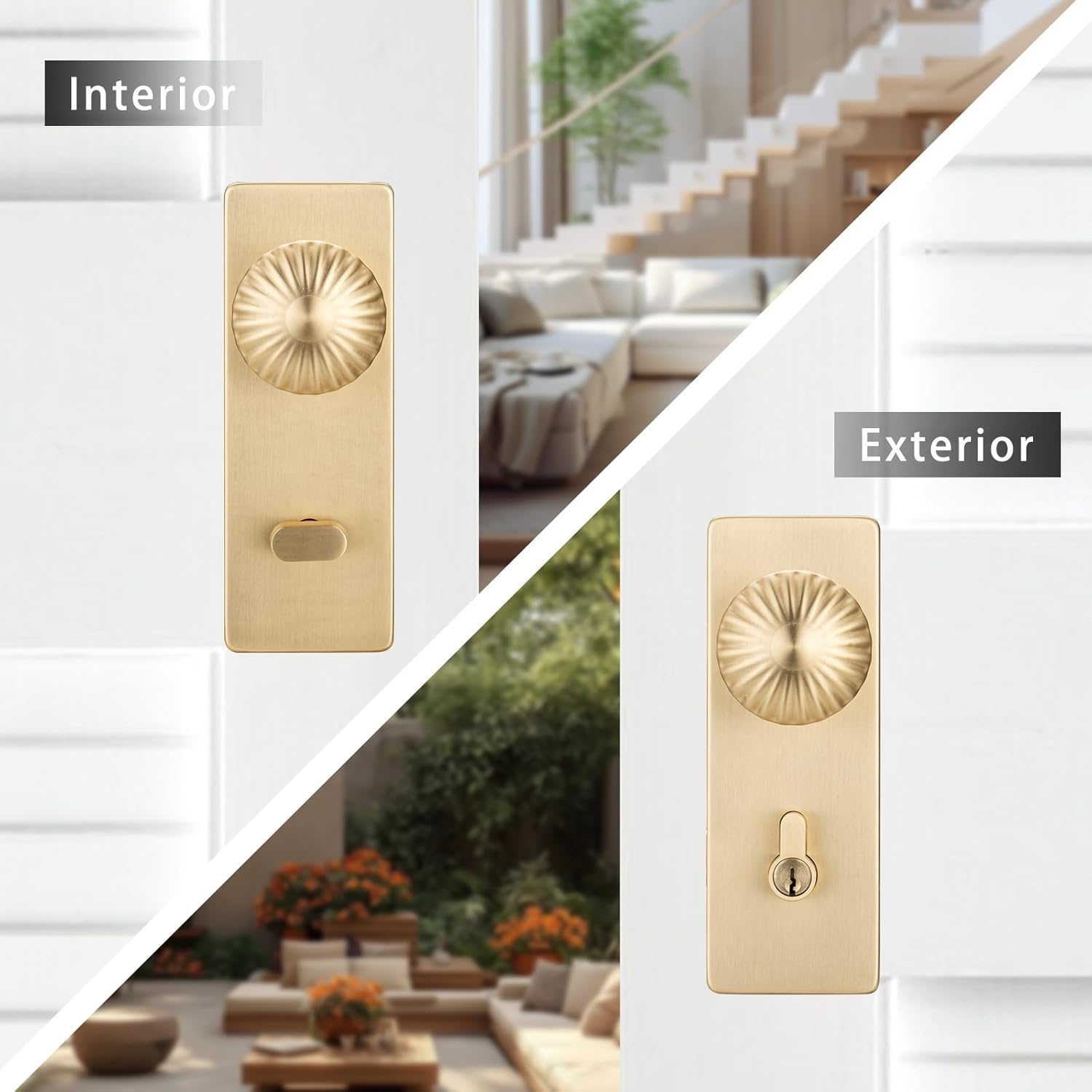 Gold Door Knob with Lock,Satin Brass Exterior Door Lock Set with Deadbolt,Seashell Knob Front Door Handle