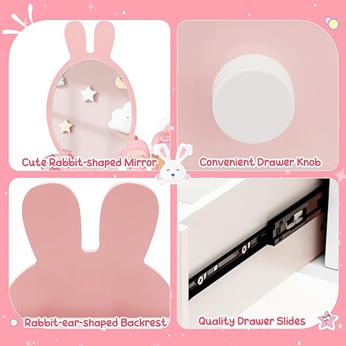 Miniatura 5 de Costzon Juego de tocador para niños, juego de tocador para niñas con espejo y taburete, 2 cajones grandes, estante de almacenamiento, tocador de