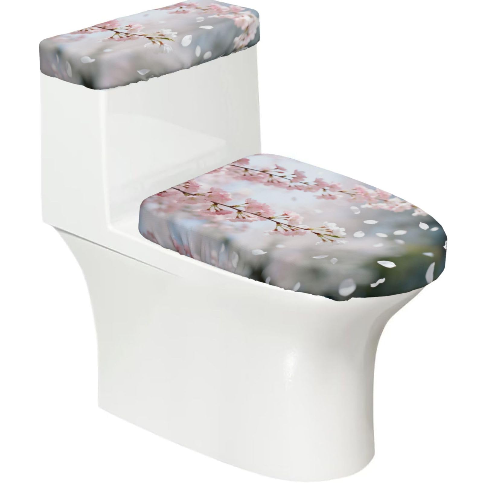 Cntdbu Black Cherry Blossom Branch Stretchy Toilet Lid And Tank Cover Set-Soft Elastic Bathroom Decor For U Shape Oval