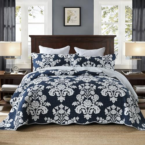 BCOTTOND King Size Quilt Set, 100% Cotton Navy Blue Quilted
