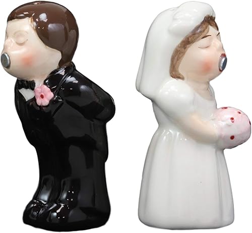 Miniatura 4 de Ebros Gift Romántico día de la boda besando novia y novio magnético salero y pimentero conjunto de figuras de cerámica fiesta cocina coleccionable,