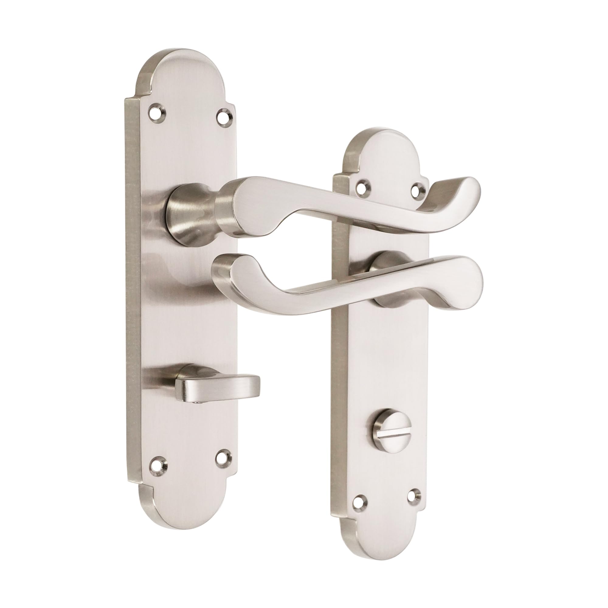 Infinity Decor Set of Satin Nickel Victorian Scroll Curved Lever Door Handles on Half Round Backplate Bathroom Toilet WC Latch Handles - for Internal & External Use
