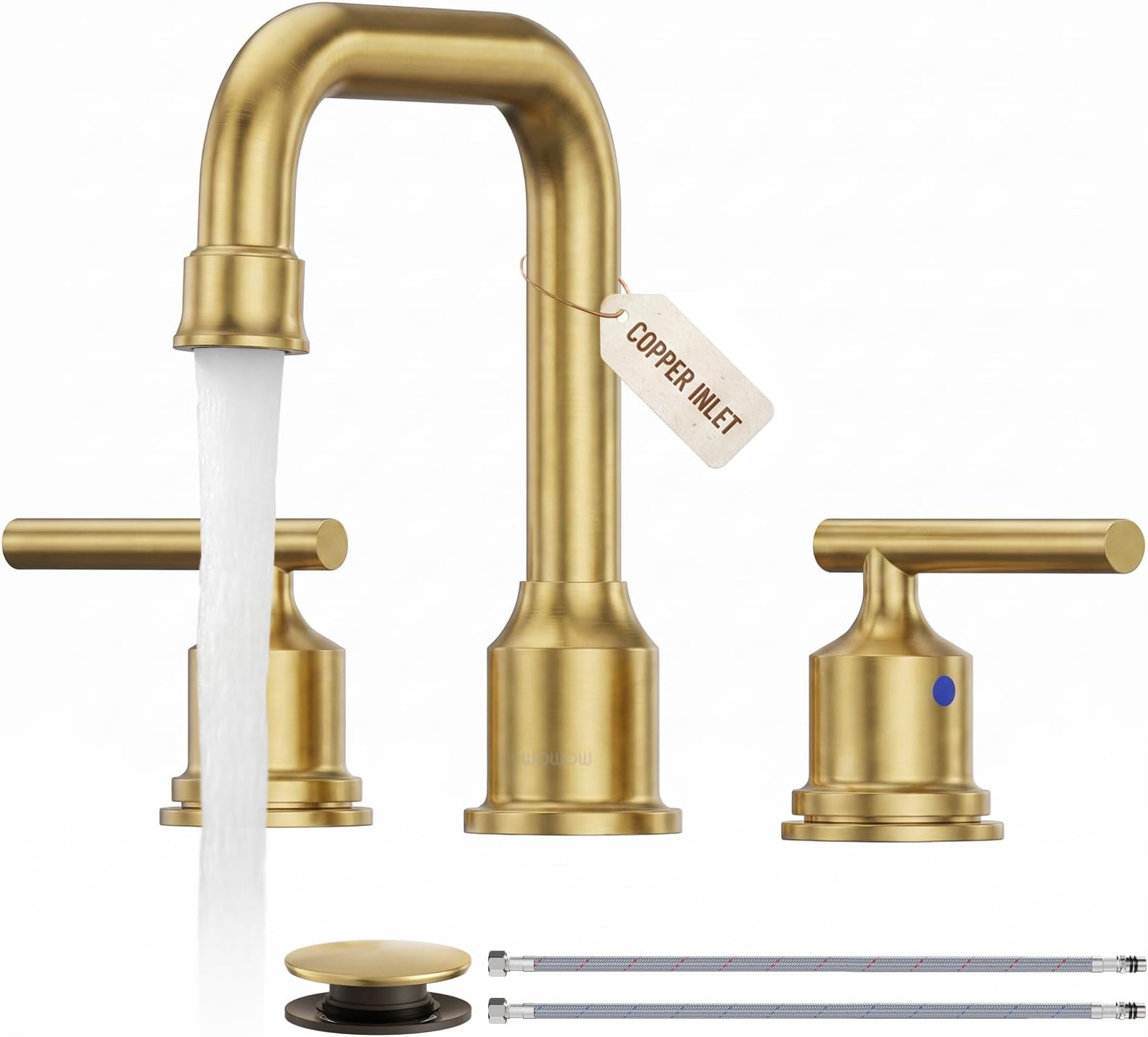 WOWOW Brushed Gold Bathroom Faucet Widespread Bathroom Sink Faucet 2 Handle Lavatory Tap 3 Holes with Drain and Supply Hoses Mordern Basin Taps