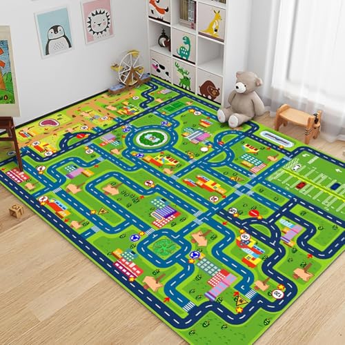 JynxtoyZeal Tapis Piste Routière Dessin Animé,Tapis Carte Ville,Carpet Sol en Fibre de Polyester,Carpet Décoratif Antidérapant et Lavable pour Intérieur...