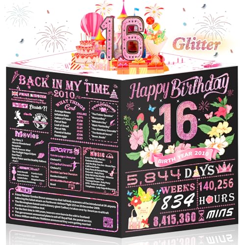 Awrmoo 16th Birthday Cards for Girl Daughter 3D Pop Up 16th Birthday Card Gifts for Granddaughter Niece Back In 2010 Rose Gold 16 Year Old Birthday Decorations Ideas for Friends Sister Bestie Her
