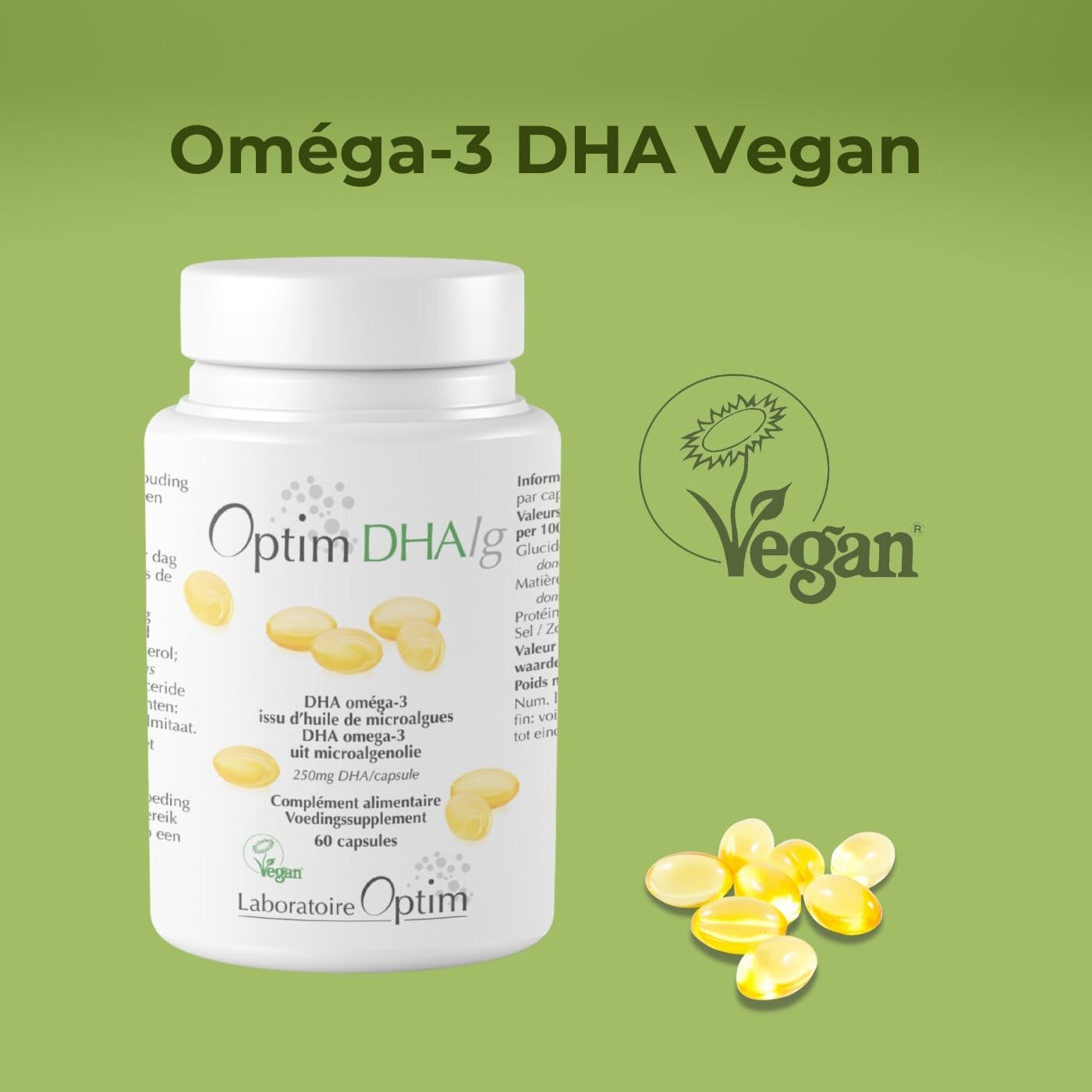 OPTIM DHAlg Oméga 3 DHA Vegan 250 mg, 60 gélules | Huile de microalgues Schizochytrium, Sans poisson, Vegan Society, Cerveau & Vision