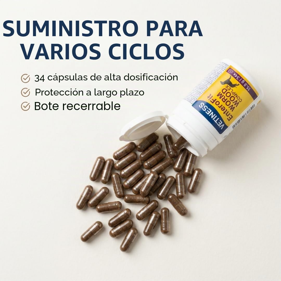 EnteroFit - Complejo de gusanos para perros – antigusanos secundarios – 34 cápsulas de ajenjo – alimento complementario para un ambiente intestinal antigusano – segrega las pastillas para