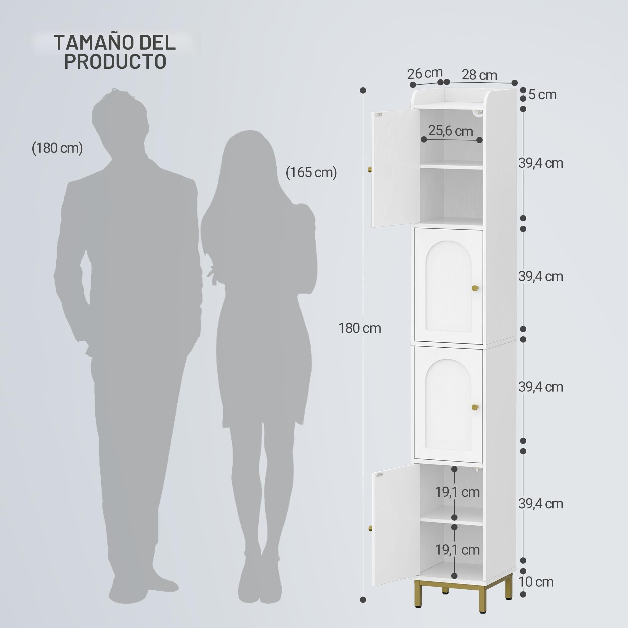 Hzuaneri Mueble Columna de Baño, Armario de Almacenaje, 4 Estantes Ajustables y 4 Puertas, con Patas Ajustables, Apto para baños, Sala de Estar, 26 x 28 x 180 cm, Blanco BC43313G